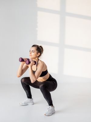 woman in black workout clothing doing a low squat.