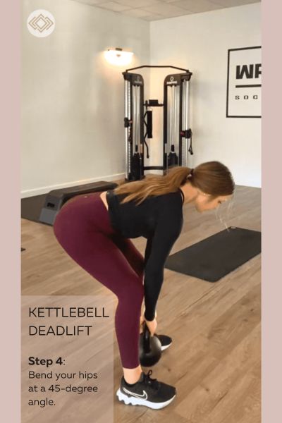 Personal trainer Sequoia Haldan hinging at 45-degree angle for a kettlebell deadlift.