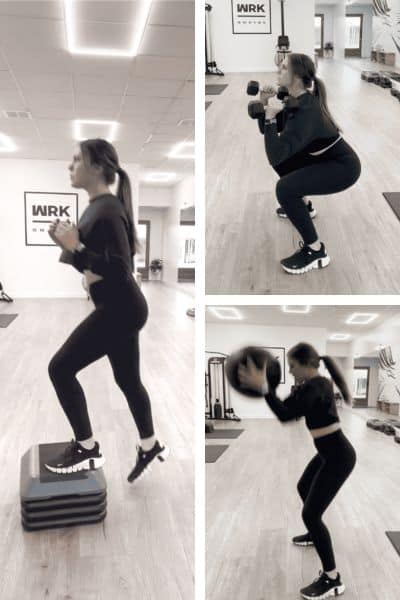 Examples of box jump, power ball slams, and thrusters for a high-intensity circuit workout.